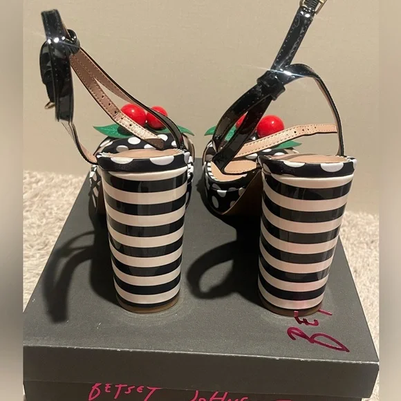 Betsey Johnson Black & White Polka Dot Platforms with Red Cherry Accent - Picture 6 of 6